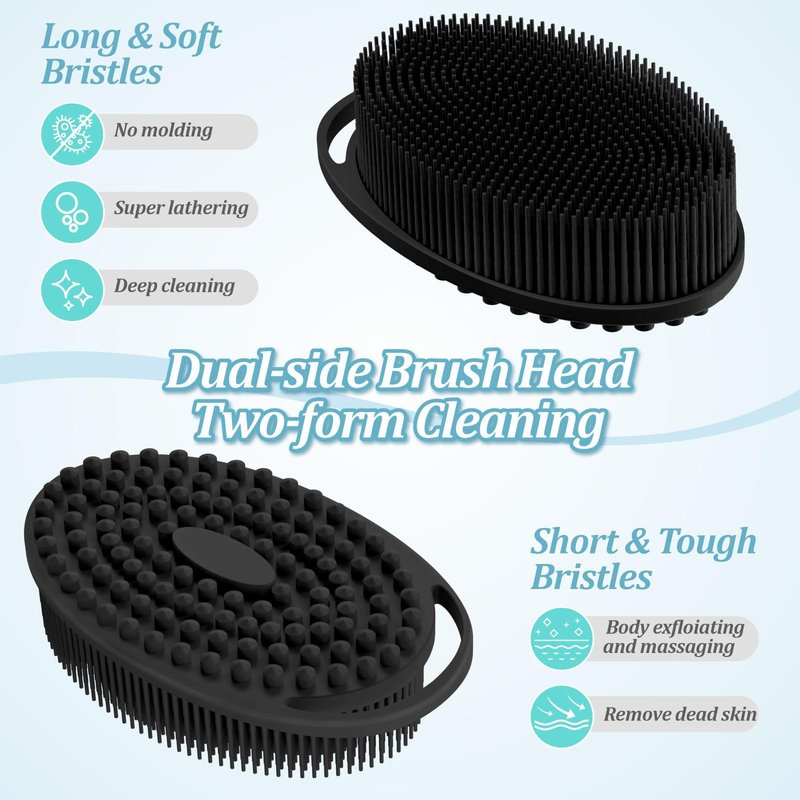 GEENOA Silicone Back & Body & Face Scrubber Set 3PCS, Gentle Exfoliating Back & Body Scrubber with Dual-Side Brush Head, Hygienic Silicone Loofahs with Soft Bristle and Non-Slip Handle(Black-3PC)