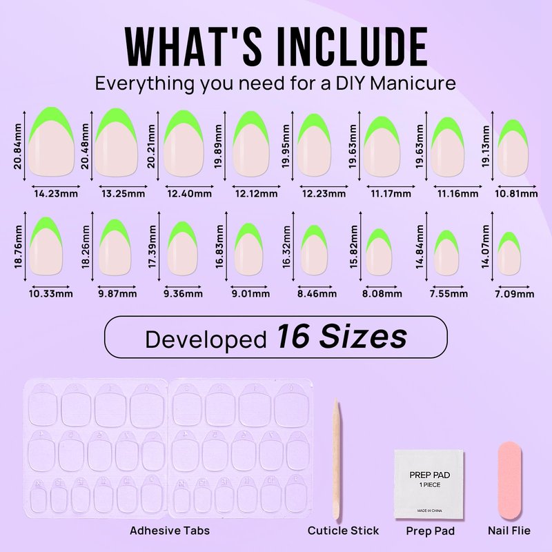 BTArtbox French Tip Press On Nails - Valentines Day Neow Green Press On Nails Short, Almond Stick On Nails, Glue On Nails in 16 Sizes - 30 Pcs Soft Gel Fake Nails Kit, Green French