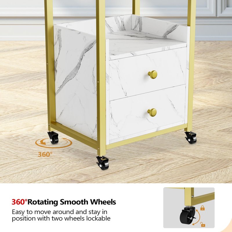 OmySalon Salon Trolley Cart with Wheels, Esthetician Cart with 3 Drawers & 2 Trays, Mobile Storage Organizer for Beauty Spa Massage Tattoo Esthetic Facial Tool Holder Station, White Marble