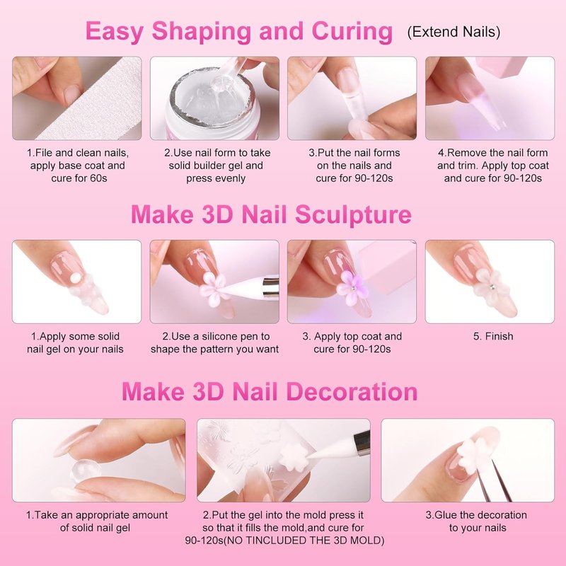 BQAN 3D Nail Art Gel Kit - 2Pcs 15g White & Clear Non-Sticky Hand Builder Sculpting Gel with Tools for Extensions, Carving & Molding | Professional Salon Quality for Techs & Beginner