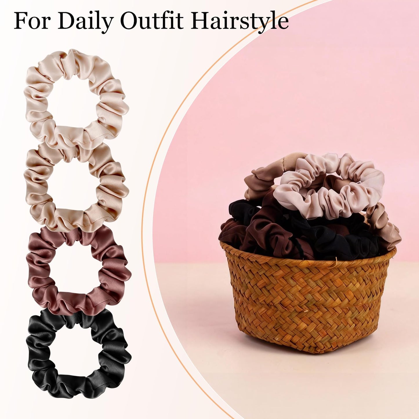 Ultra-Petite Satin Scrunchies for Women – 8PCS Neutral No Damage Hair Ties (Black, Blonde, Dark Brown, Light Brown) – No Crease, Frizz-Free, Gentle Elastic Bands for Day & Night, Perfect Gifts