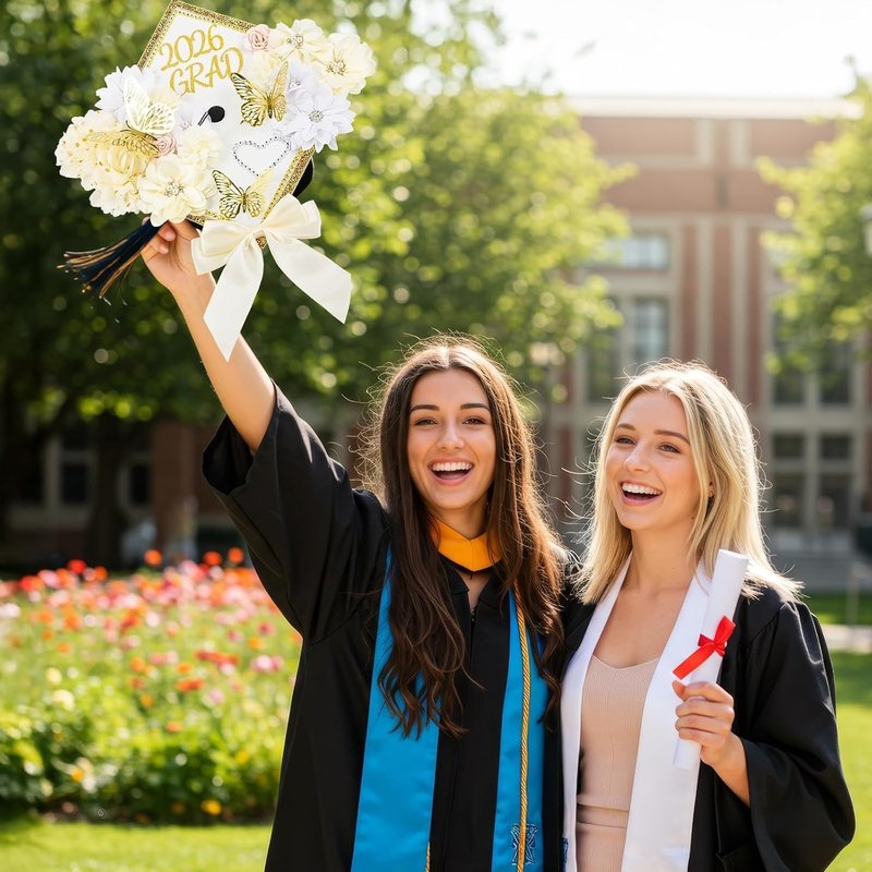 Graduation Cap Decorations Kit 2026 DIY Cap Decorations 36PCS Included Fake Flowers Heads Bow 3D Butterfly Self Adhesive Rhinestones Stickers Alphabet Letter Stickers for Grad Party Decor, White