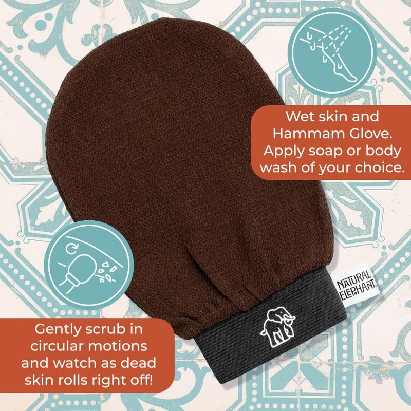 Natural Elephant Exfoliating Hammam Glove | Authentic Moroccan Kessa Body Scrub Mitt for Spa-Quality Skin Renewal | Pure Black 3 Pack