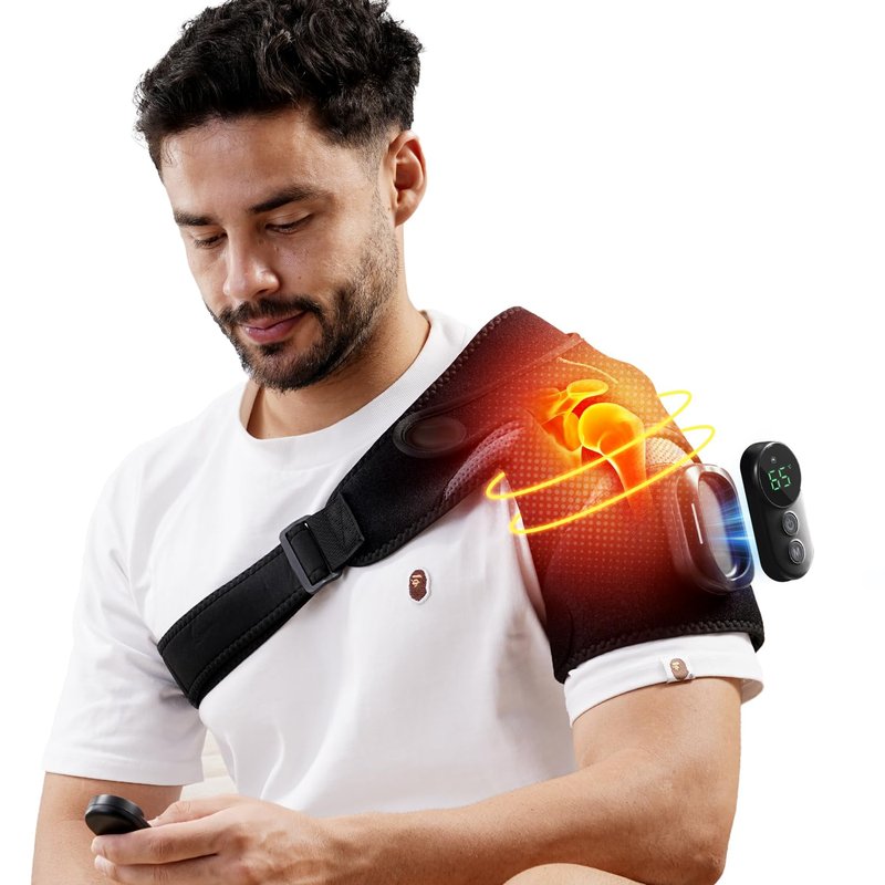 HOMRELEXA Magnetic Detachable Remote Control Shoulder Heating Pad - Cordless Heated Shoulder Massager Wrap with 5 Vibration Modes and 5 Heating Levels, Time Setting, Gift for Men & Women, Black