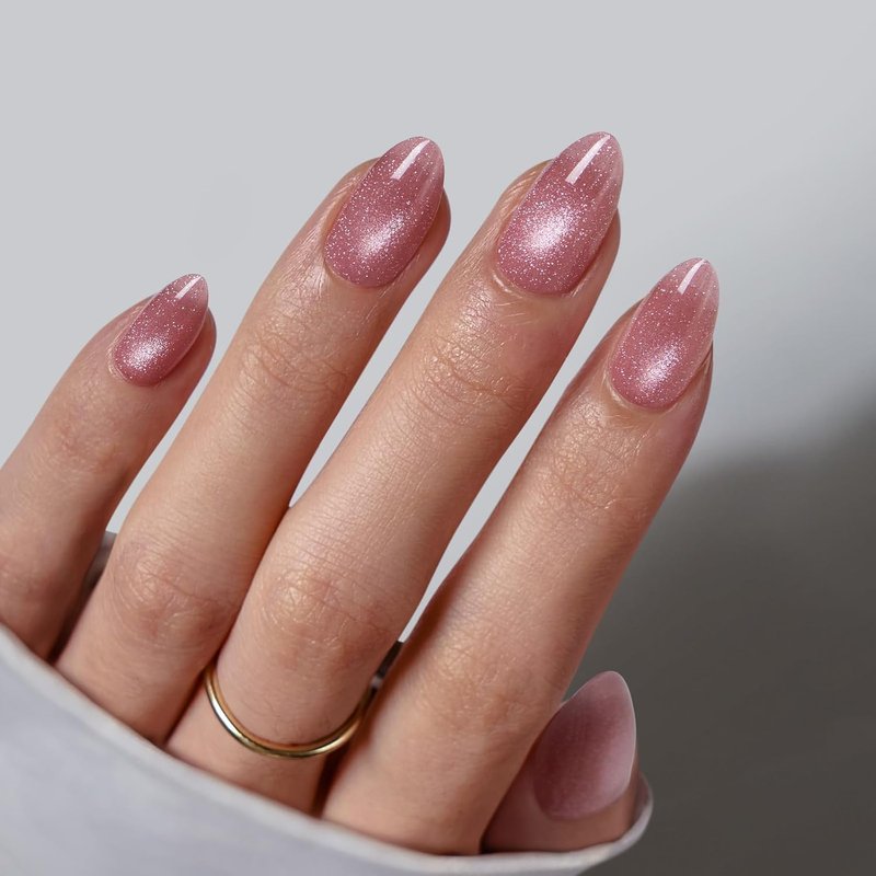 BTArtbox Press On Nails - Lamp-Curable Pink Cat Eye Almond Design | 32 Stick-On Nails Kit in 16 Sizes