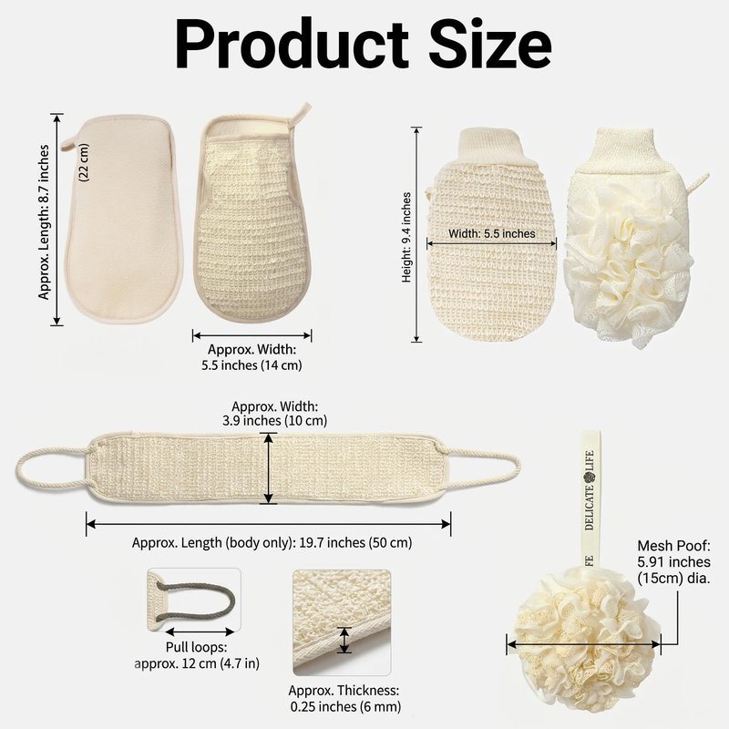 3 Pack Exfoliating Body Scrubber Set – Shower Gloves, Natural Back Scrubber Strap & Bath Pouf Sponge – Jute Cotton Blend Wash Mitt for Full Body Shower Routine & Daily Skin Care