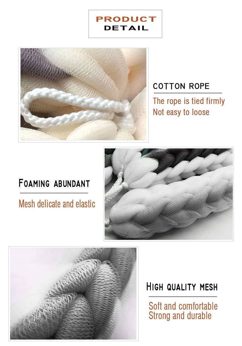 AARAINBOW 2 Packs Upgraded Long Stretch Back Sponge with Rope Handles Back Scrubber Bath Shower Mesh Sponge Exfoliating Body Scrub Stretch Braided Loofah for Men Women Loofah Rope (2 Gray)