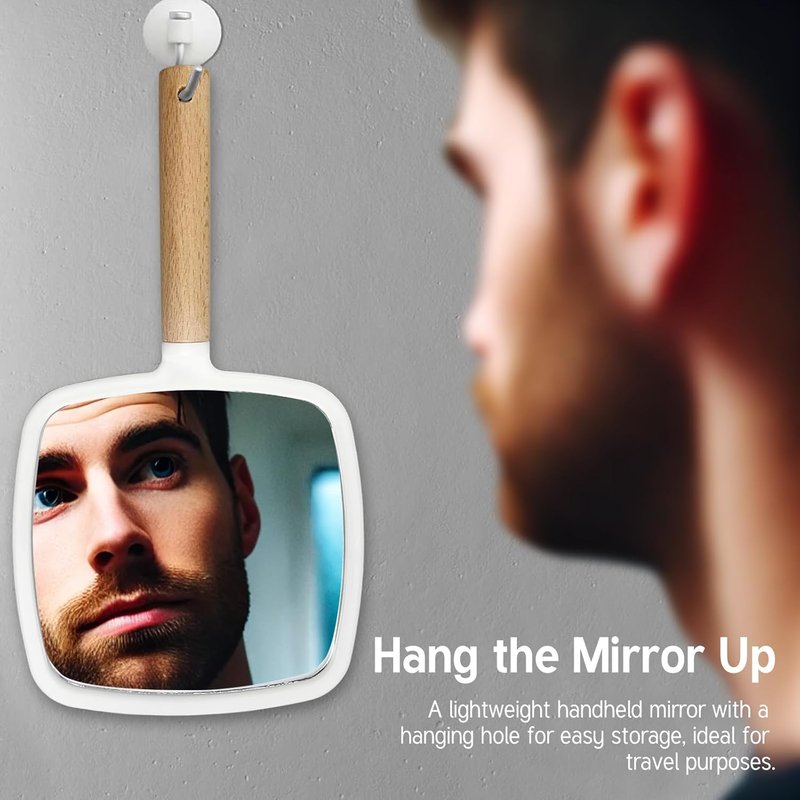 Handheld Makeup Mirror - Portable Wooden Handle Travel Mirror | Square Single-Sided Design for Men & Women