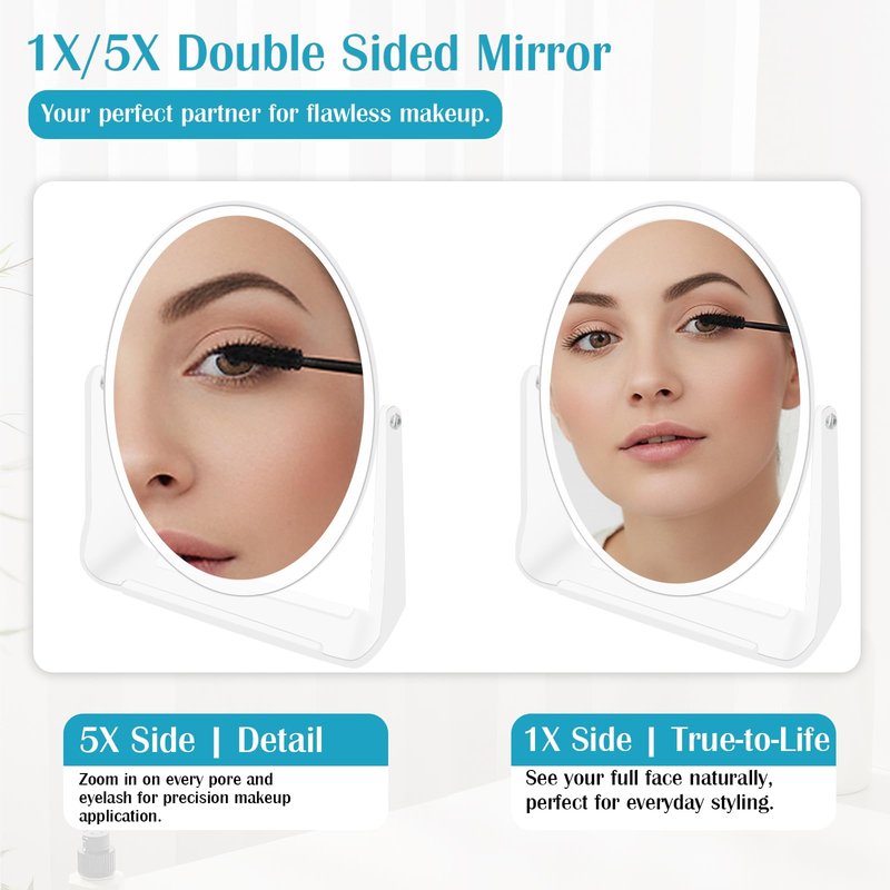 A AIKOOL 5X Magnifying Travel Mirror, Double Sided 1X/5X Stand Up Makeup Mirror for Desk, 360° Swivel Tabletop Design