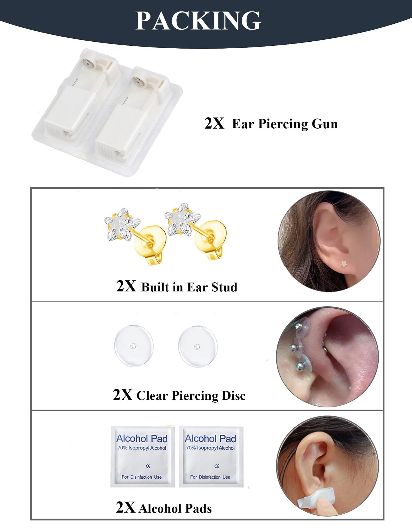 Orglace Ear Piercing Kit,Disposable Ear Piercing Gun with 5mm Cubic Zirconia Star Ear Stud,Clear Piercing Disc for Piercing Bump,At Home Self Ear Piercer Kit (2 Pack)