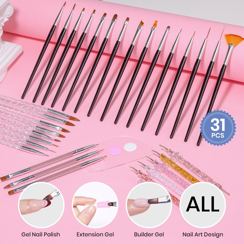 Beetles 31pcs Nail Art Brushes, Nail Art Pens, Dotting Tools, Dust Brush, Striping Liner Fingernail Drawing Pens with Palette Holder All in One for Starter Manicure Design Set