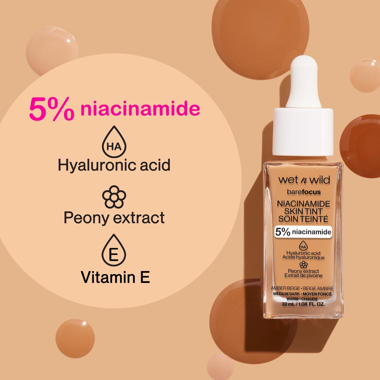 wet n wild Bare Focus Skin Tint, 5% Niacinamide Enriched, Buildable Sheer Lightweight Coverage, Natural Radiant Finish, Hyaluronic & Vitamin Hydration Boost, Cruelty-Free & Vegan-Light Medium Sand