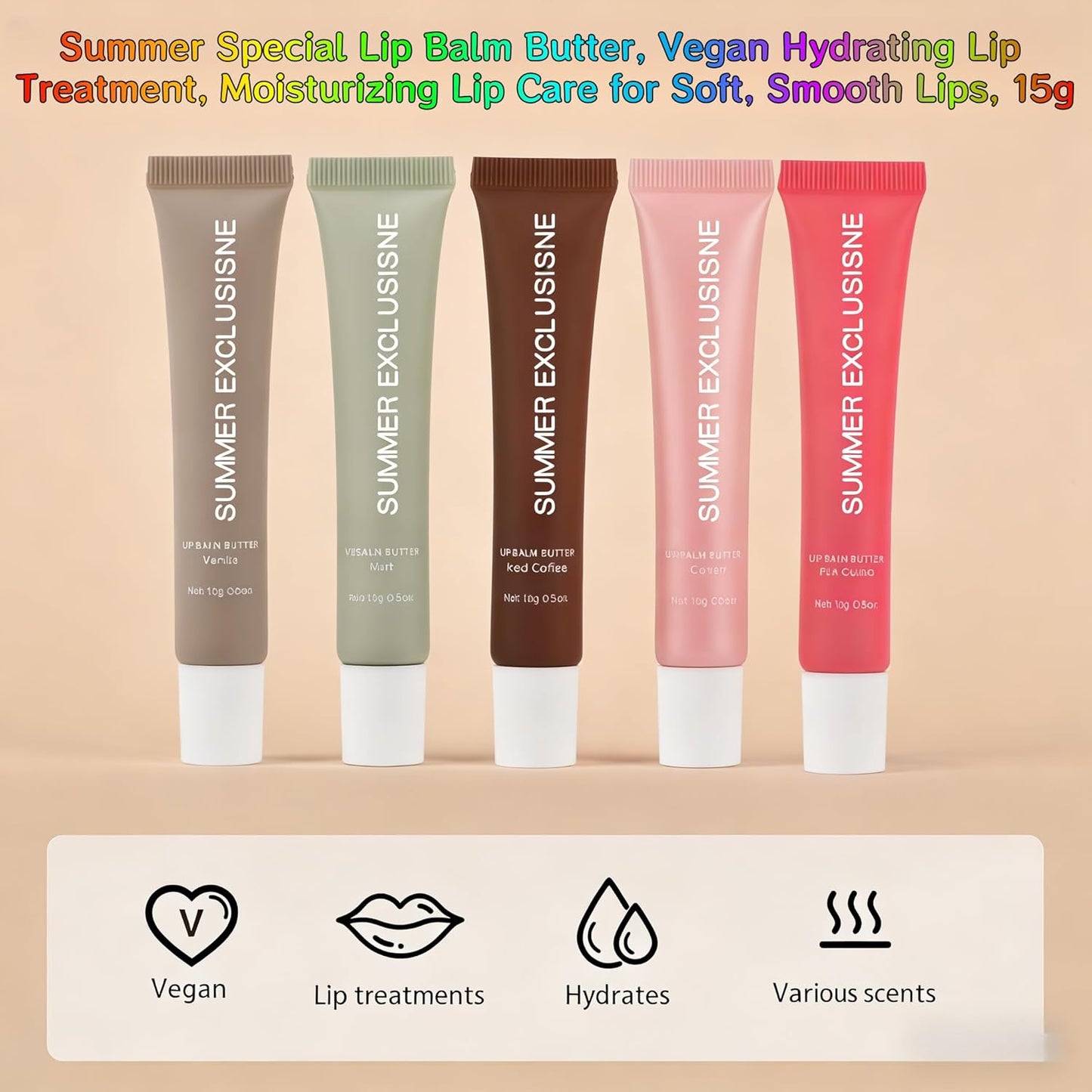 Tinted Lip Butter Balm - Hydrating & Nourishing Care for Dry Lips | 5 Colors: Vanilla, Mint, Coffee, Cake, Guava