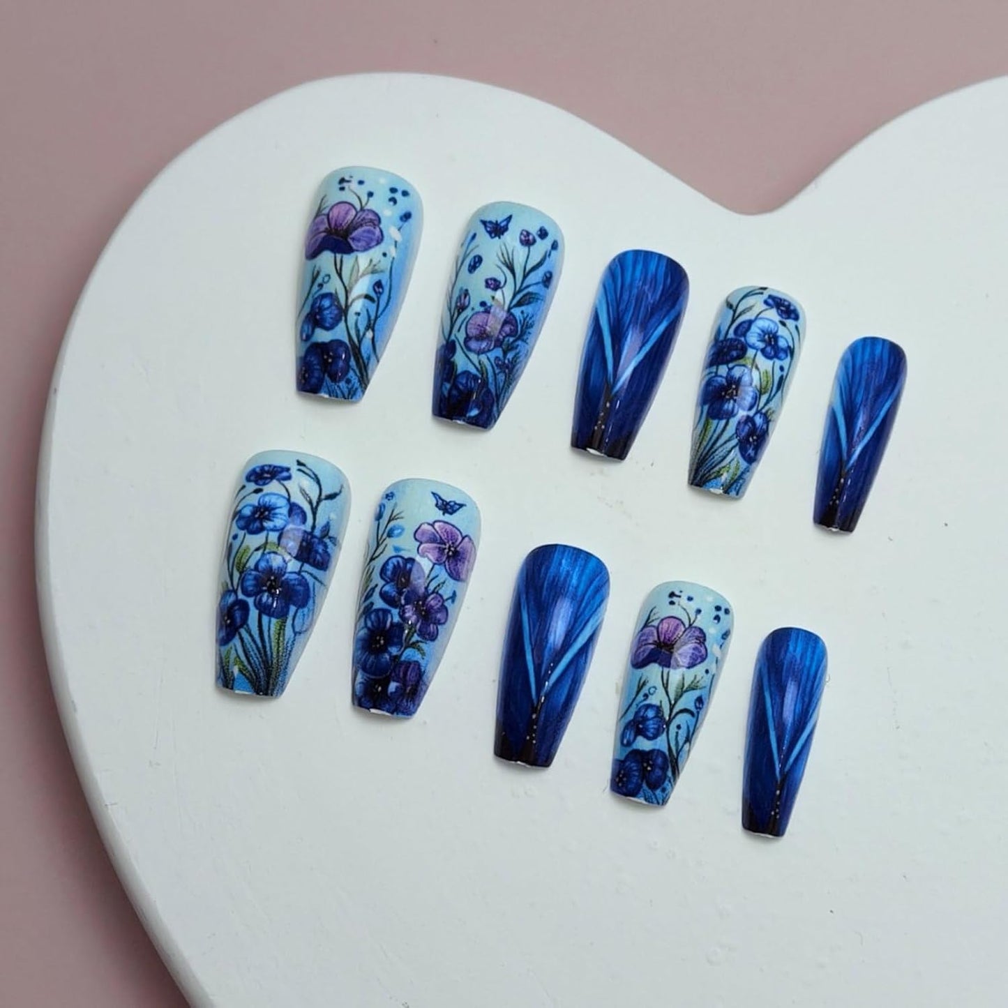 Skiennix Spring Press On Nails - Medium Coffin Shaped Floral Design | Reusable Blue Purple Flowers