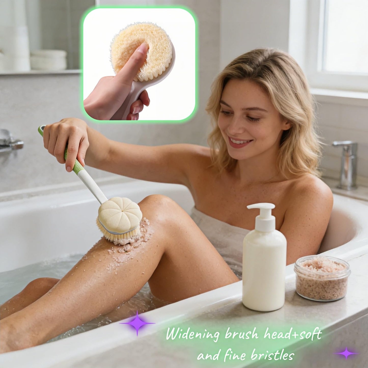 Dual-Sided Exfoliating Shower Brush, Soft Bristles & Loofah for Back Cleaning, Long Handle Back Scrubber for Deep Cleansing, Moisturizing Bath Sponge for Men Women
