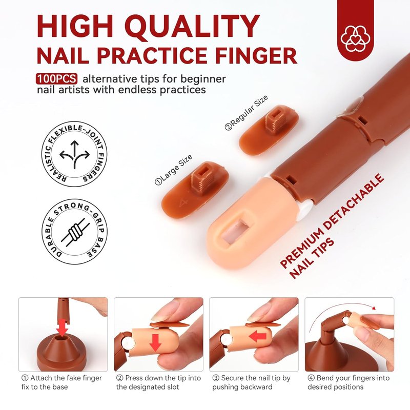 Saviland Nail Practice Finger - Adjustable Acrylic Nail Training Hand with Replaceable Tips & Brush Kit for Beginners