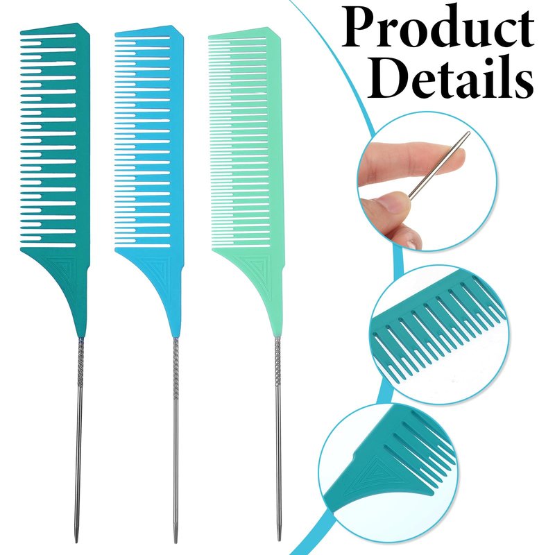 3Pack Highlighting Comb, Hair Teasing Parting Comb Weaving Combs for Highlighting with Long Stainless Steel Rat Tail for Hair Stylist Salon Barbershop Home(Green, Blue, Light Blue)