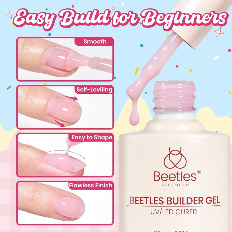 Beetles Builder Gel Nail Kit,Juicy Tint 6 Colors Jelly Pink Nude Builder Gels Instant Apex Thickening Extension Strengthen Weak Nails for Beginners DIY Salon Spring NailsUV & LED Lamp Needed