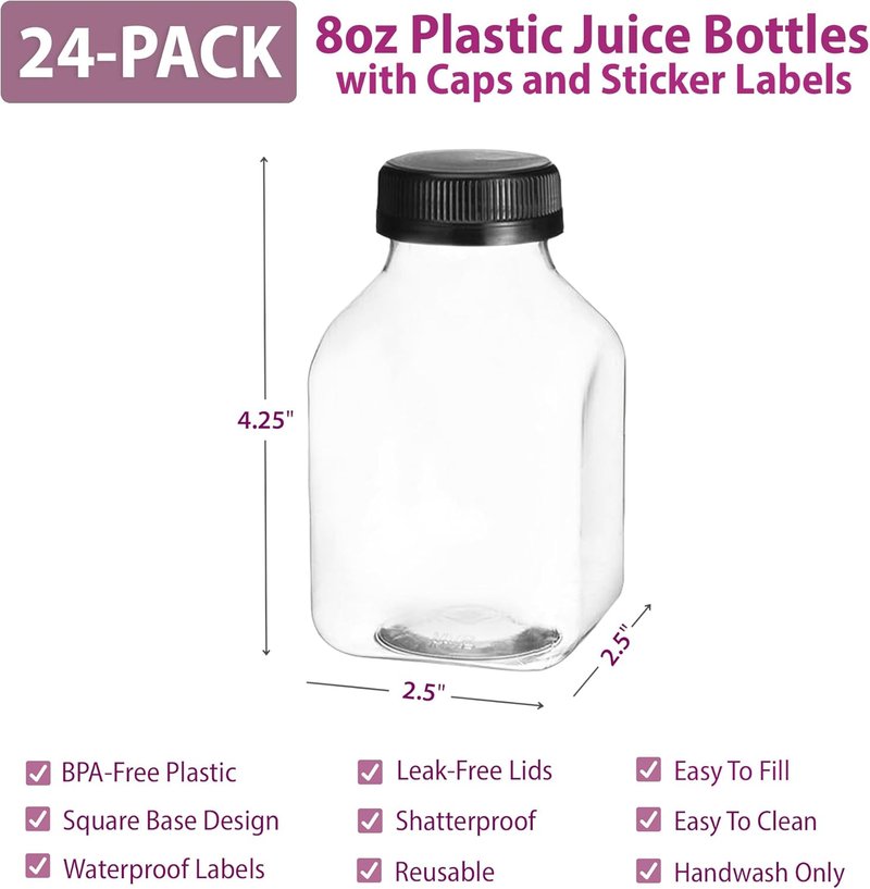 Plastic Juice Bottles - 24 Pack 8oz Reusable Water Bottles with Lids | Clear Mini Drink Containers with Tamper Evident Seal