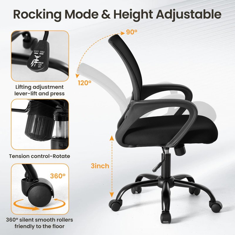 OLIXIS Office Desk Chair - Ergonomic Mid Back with Lumbar Support & Rocking Mode, Height Adjustable with Fixed Armrest, Storage Back for Computer, Gaming, Conference, Meeting, 360° Swivel, Black