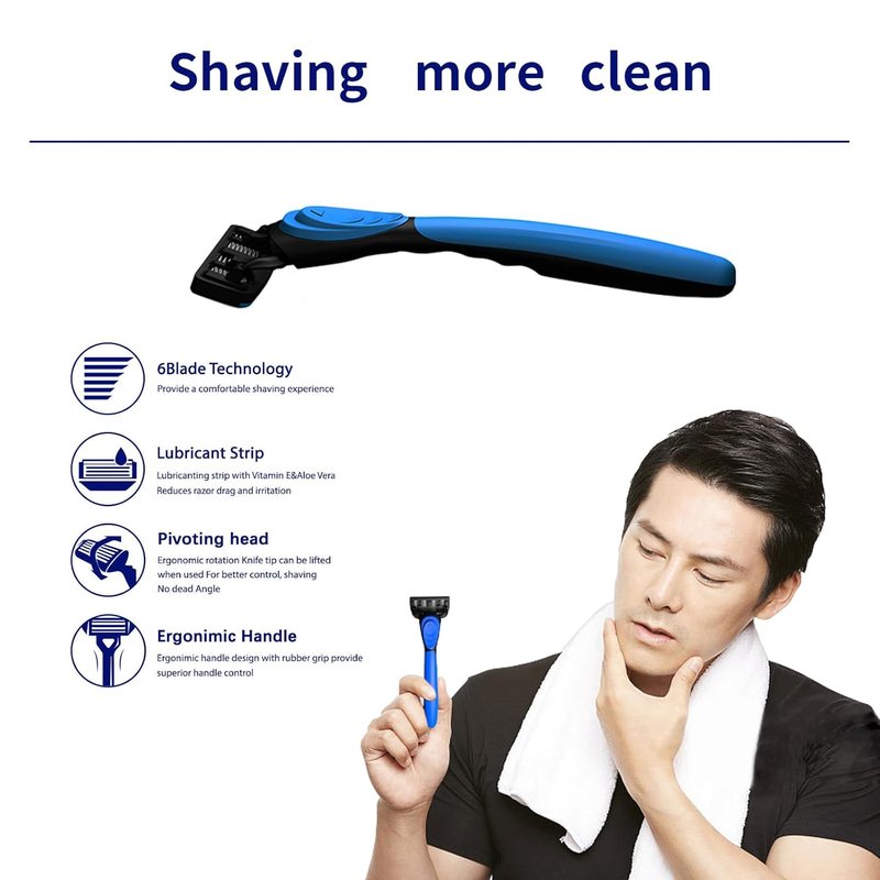 6-Blade Razor for Men & Women | Plastic Anti-Slip Handle with 8 Refill Cartridges - Black