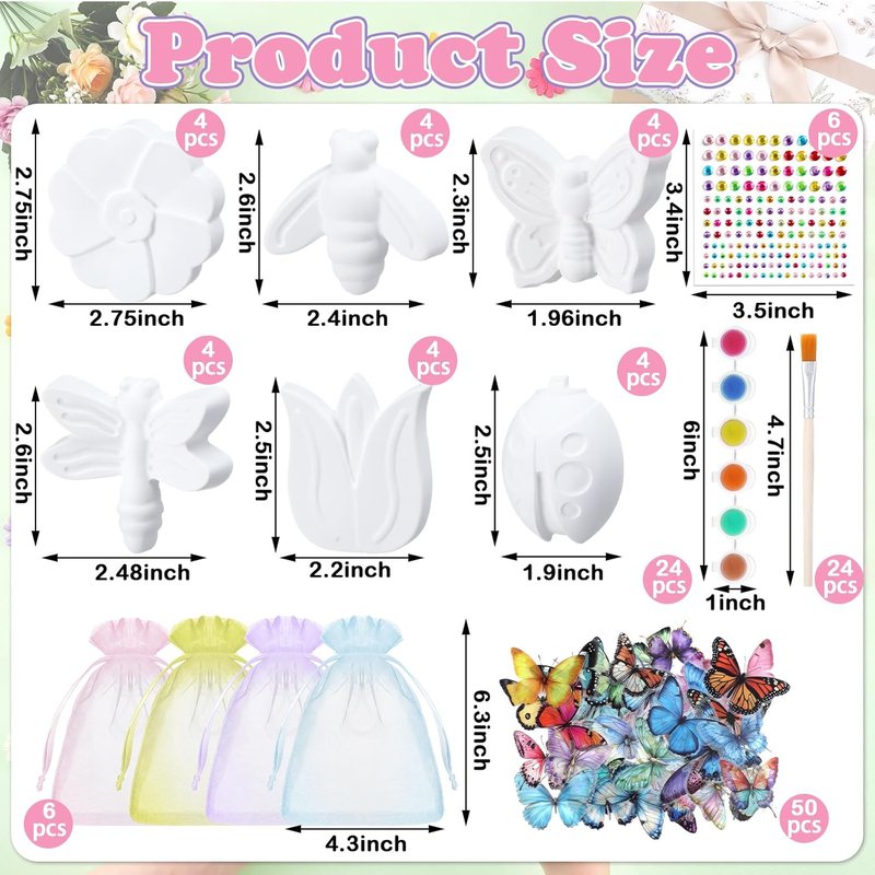 Gersoniel 24 Set Spring Theme DIY Plaster Paint Your Own Figurines Art and Craft Set Fairy Party Favors Painting Statues Kits with Brushes Palette Butterfly Sticker Organza Bag for Art Activity Supply
