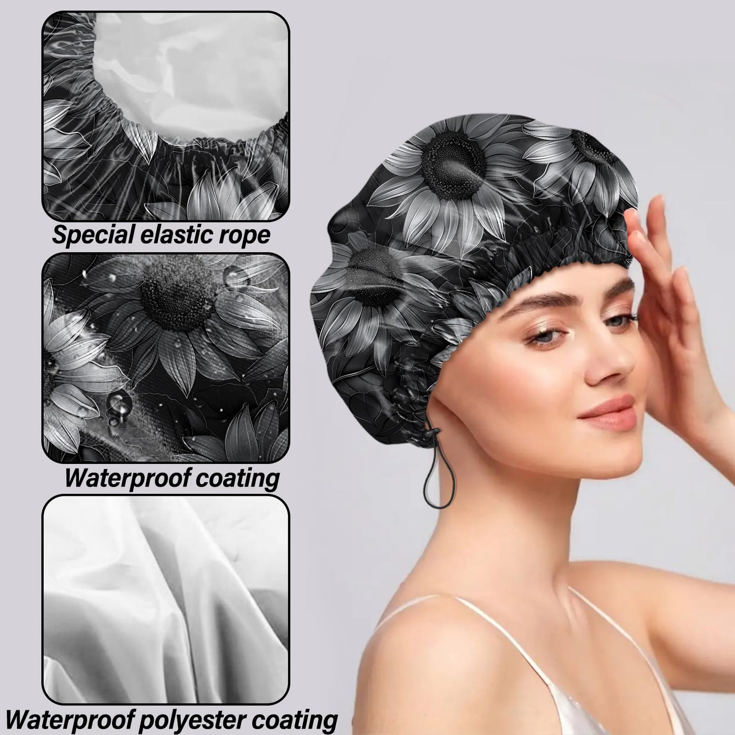 Cabreche 2 PCS Shower Cap Reusable Waterproof Double Layers Hair Caps Shower Bath Adjustable Elastic Hat for Women Girls Cute Aesthetic-Bat Sunflower