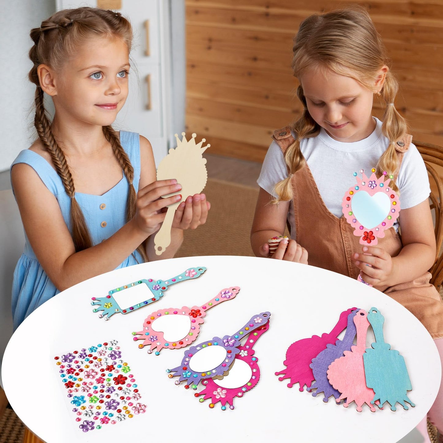 XJWWHZ 12 Pack Wooden Mirror Craft for Kids, DIY Princess Mirrors for Girls, Paint Wooden Hand Mirror for Art Activities