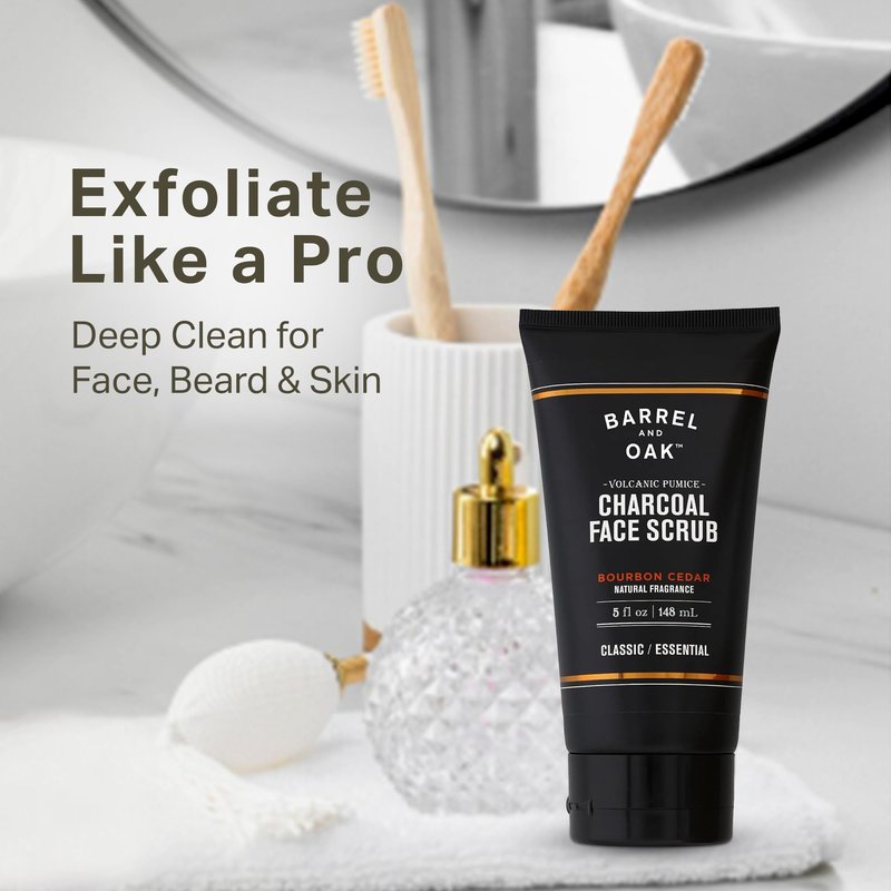 Barrel and Oak Volcanic Pumice & Charcoal Face Scrub for Men, Deep Exfoliating Face Scrub for Dead Skin & Clogged Pores, Promotes Healthy Beard Growth, Vegan, Bourbon Cedar, 5 oz