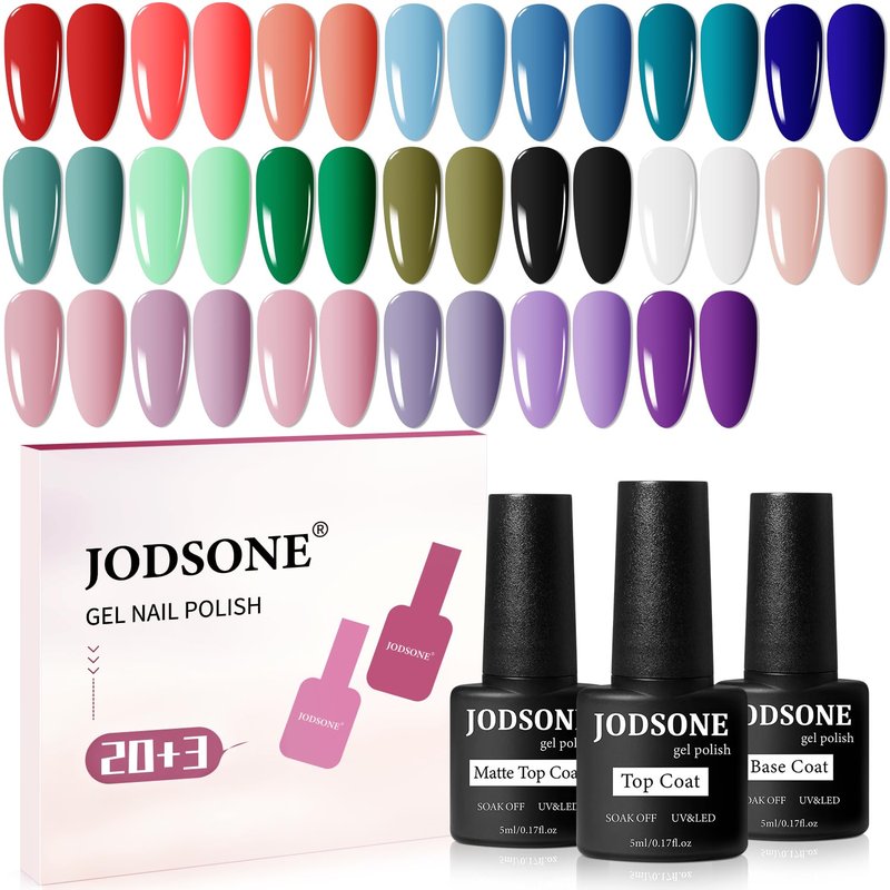 JODSONE Gel Nail Polish Set - 23 PCS Multicolored Long-Lasting Base & Matte Top Coat
