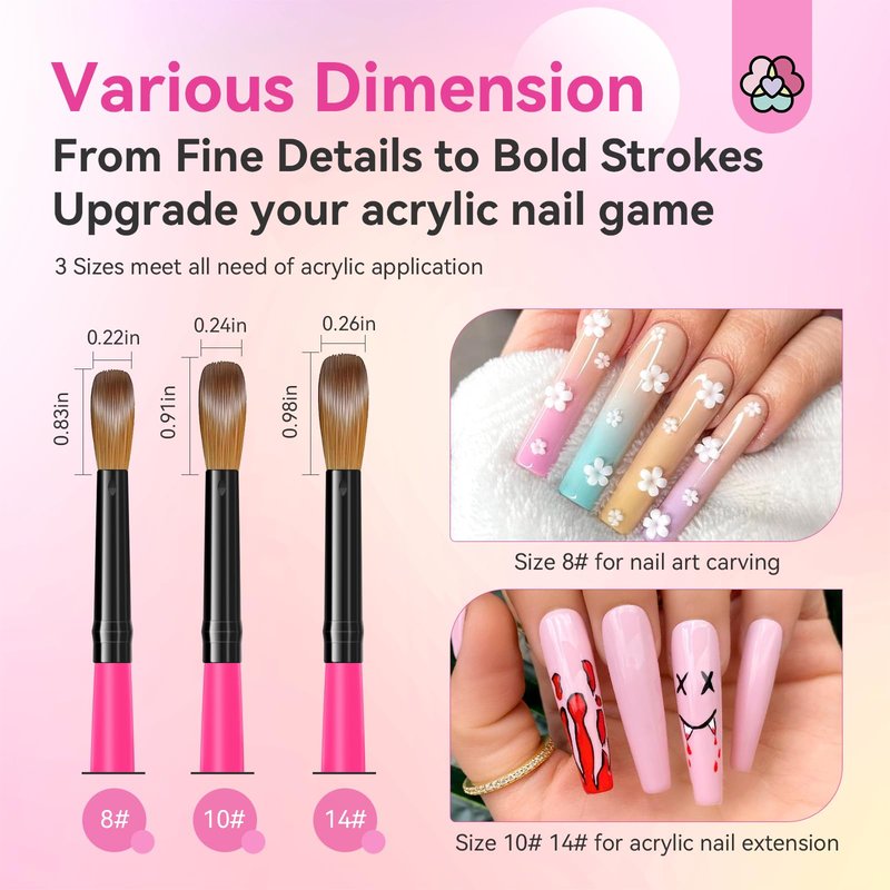 SAVILAND Acrylic Nail Brushes Set: Sizes 8, 10, 14 Nail Brushes for Professional Acrylic Powder Applications, Nails Extension, 3D Carving for Home Salon DIY Nail Art Brush Manicure Acrylics Tools Pink