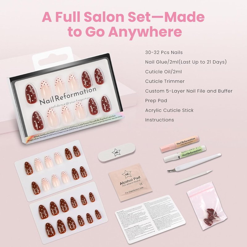 Press On Nails - Chocolate Sprinkle Polka Dot Short Almond | Reusable French Tip Glossy Finish, 16 Sizes - 32 Nail Kit for Women