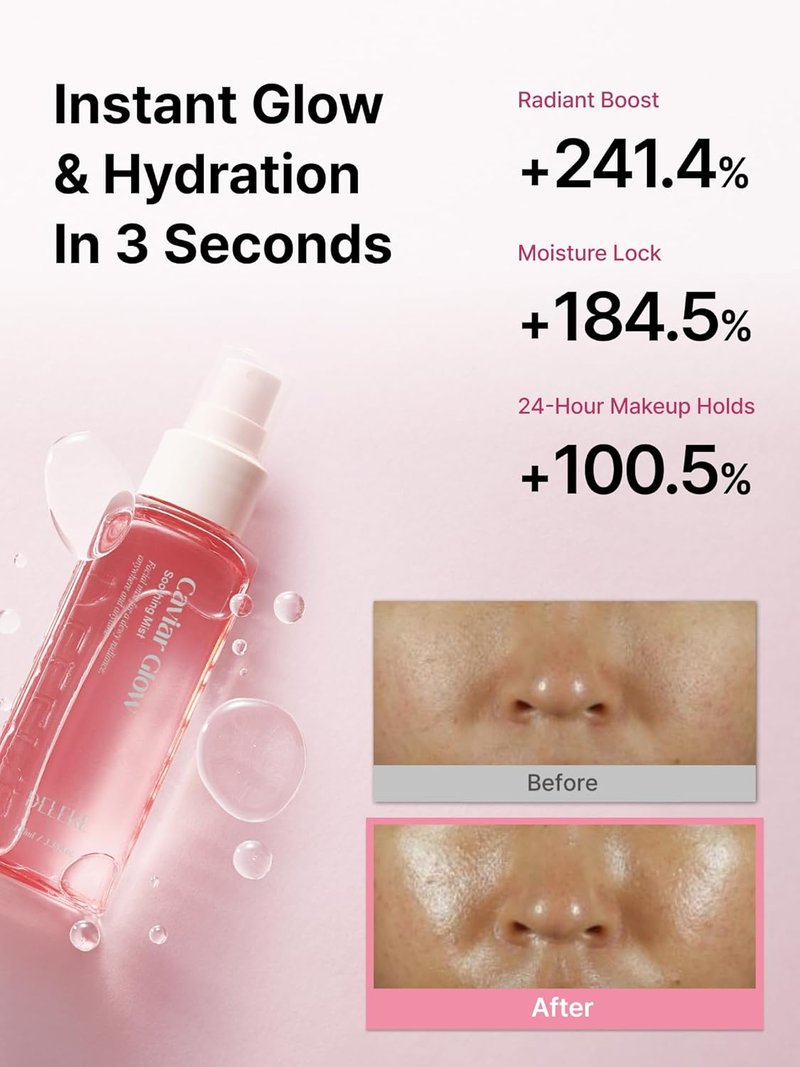 Delere Caviar Glow Soothing Mist - Korean Glass Skin Serum with 5% Caviar & Squalane | 3.4oz Anti-Aging Radiance