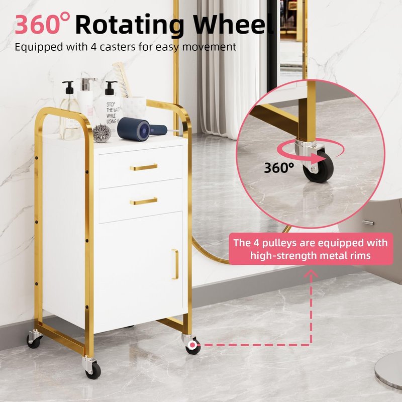 4ever2buy White and Gold Salon Trolley Cart with Wheels, Salon Cart with Drawers and Cabinet, Rolling Cart for Hair Stylist, Professional Salon Stations Organizer