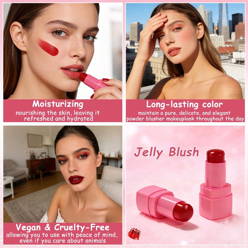 KALYFADIO 2PCS Jelly Blush Stick for Cheeks,Cooling Water Jelly Tint Stick,Moisturizing Lightweight Lip and Cheek Tint,Long-lasting,Cruelty-free,Sheer & Buildable Lip Stain + Blush（01+03）