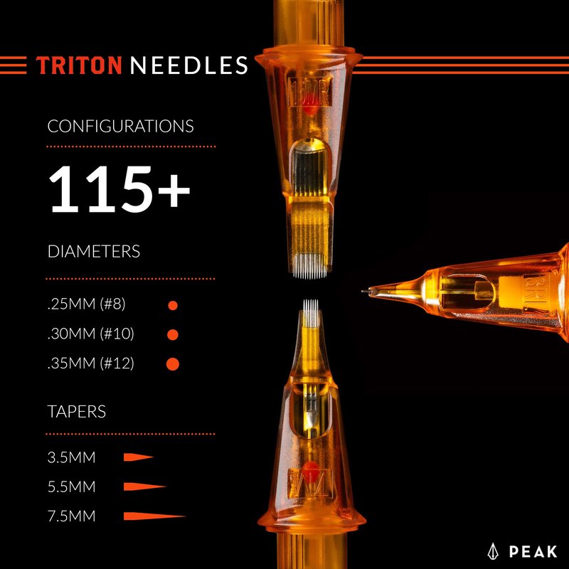 Peak Triton Cartridge Needles #12 (0.35mm) 3 Round Liner Long Taper (5.5mm), Professional Premium Tattooing Supplies, Box 0f 20