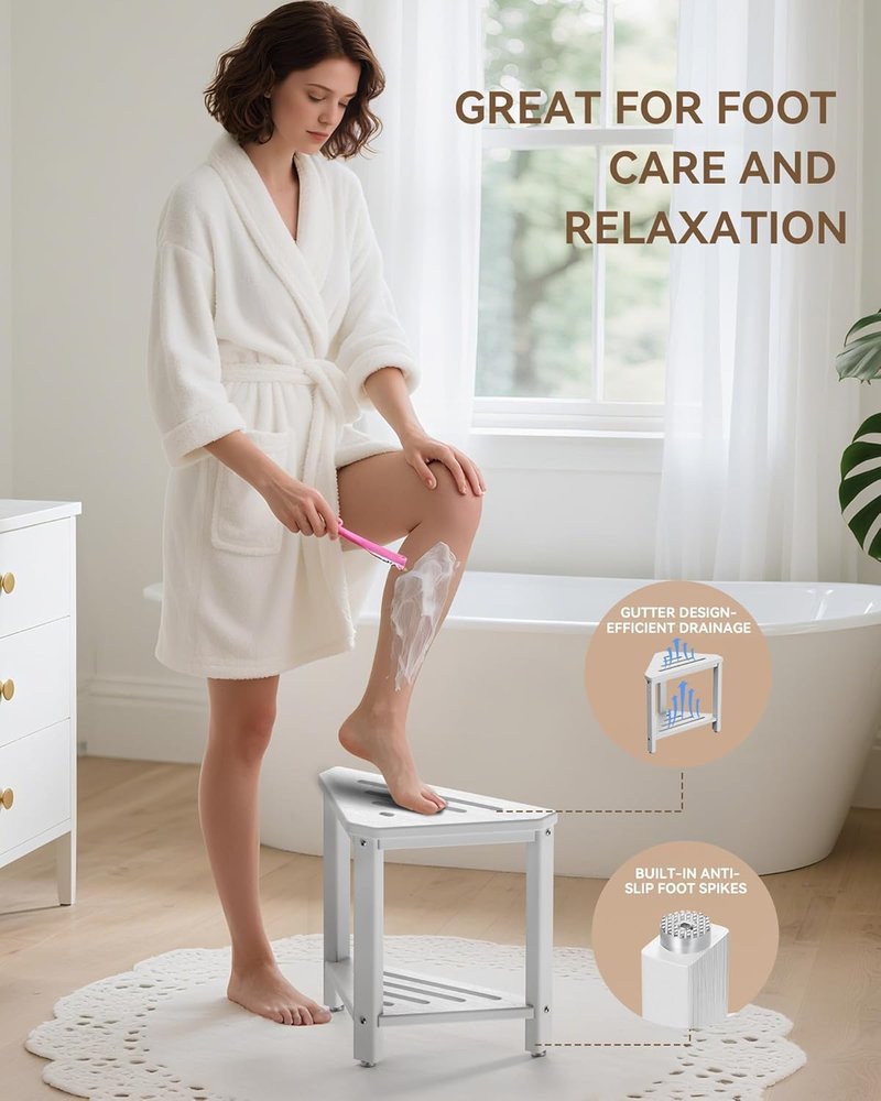 Shower Foot Rest - 15-Inch Waterproof Shower Stool for Shaving Legs | Compact White Corner Bench with Storage Shelf