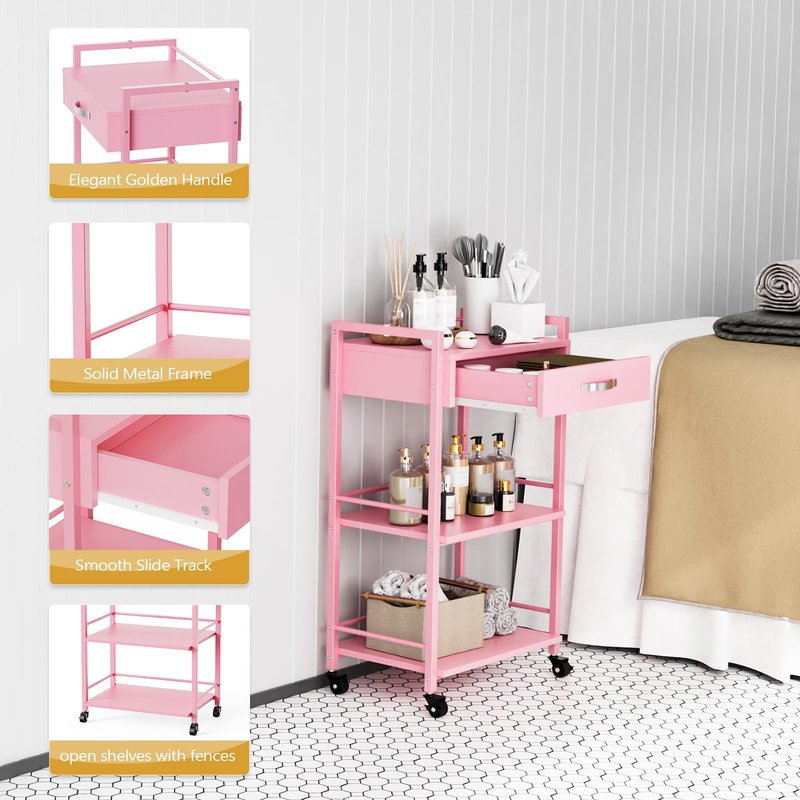 Salon Trolley Cart for Beauty SPA, Wooden Rolling Storage Station, Mobile Utility Cabinet with 1 Drawer 2 Trays, Medical Esthetic Supply Holder for Massage Tattoo Facials, Pink