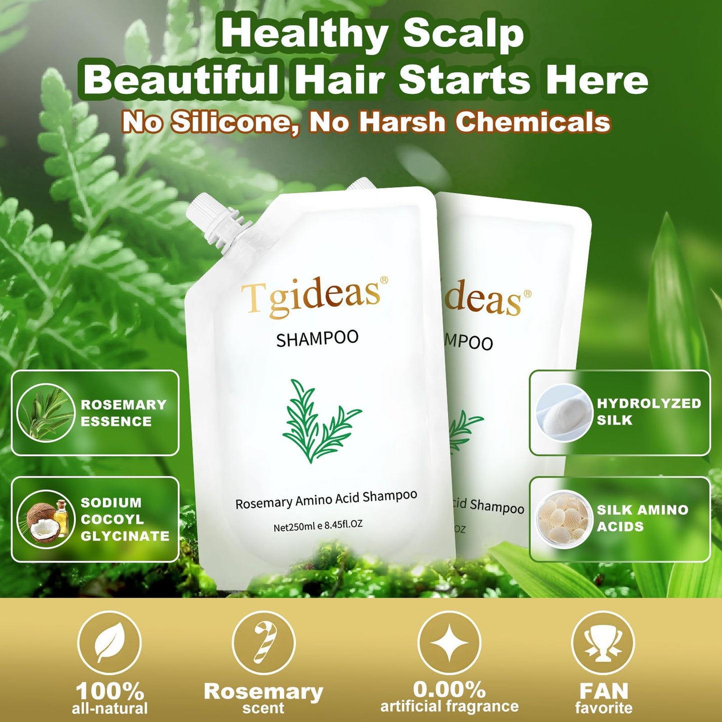 Tgideas Rosemary Amino Acid Shampoo, Hair Growth Shampoo for Thinning Hair Women and Men Hair Loss, Zinc PCA Thicken & Strengthen Scalp with Hydrolyzed Silk 8.45 fl.oz - 2 Packs