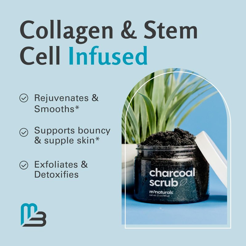 Exfoliating Charcoal Scrub with Collagen & Stem Cells – Salt Scrub for Body Toning, Cellulite, Armpit Detox, and Skin Smoothing for Face, Feet, and Body by M3