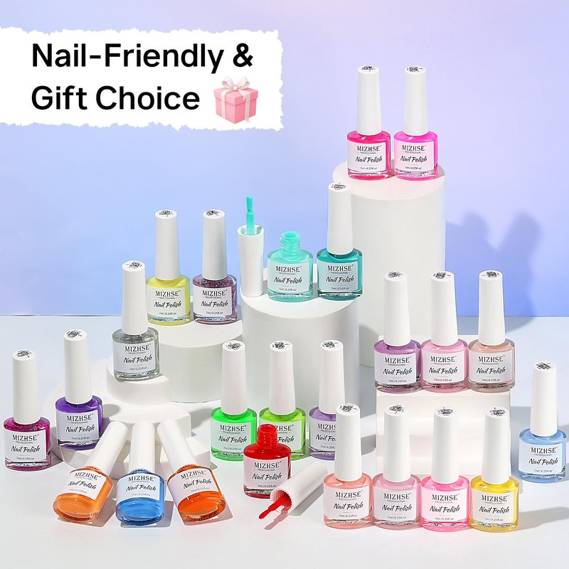 MIZHSE Quick Dry Nail Polish Set, 24 Colors Spring Summer Regular Nail Polish Non Gel, Air Drying Fast Neon Trendy Glitter Bulk Nail Lacquer Oil-based Long Lasting Home DIY Gift for Women