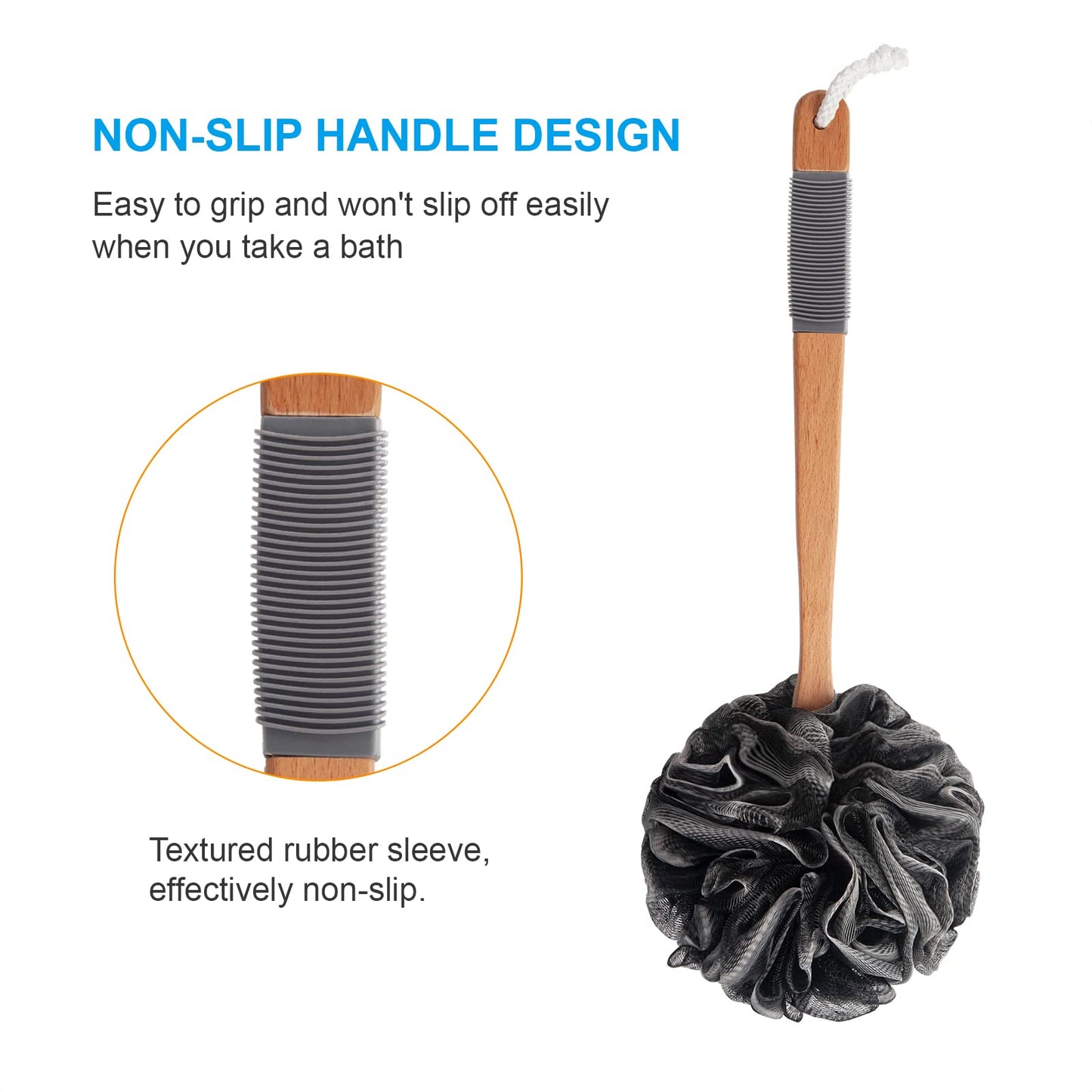 AmazerBath Shower Sponge Loofah Back Scrubber, PE Soft Mesh Loofah Body Scrubber with Long Wooden Handle, Bath Sponge for Men Women (Blue)