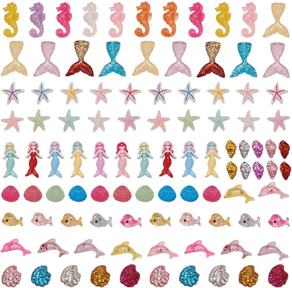 SUNNYCLUE Ocean Theme Resin Cabochon Charms - 100Pcs Mixed Mermaid Tail, Starfish & Dolphin Beads for DIY Jewelry Making