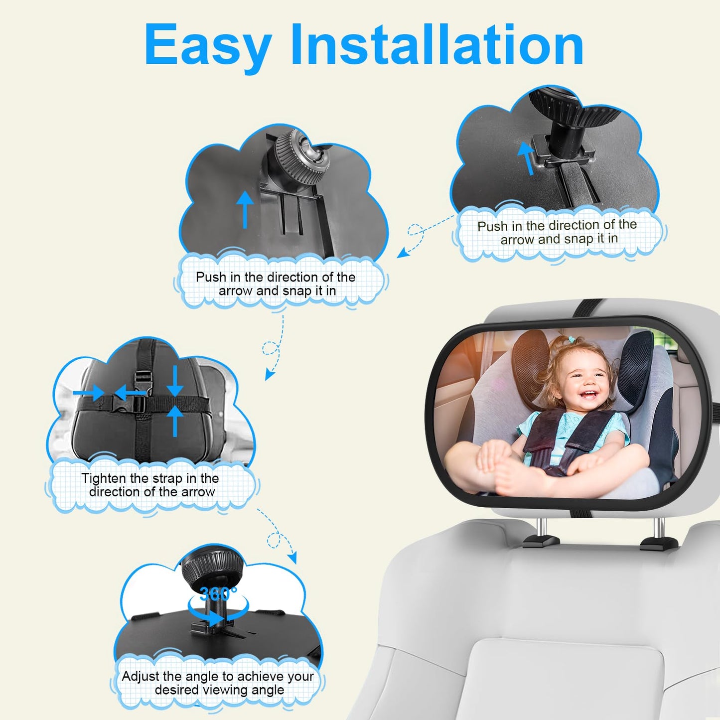 BOEYOS Baby Car Mirror, Safety Car Seat Mirror for Rear Facing Infant, Clear Wide View, 360°Rotation, Easily Observe the Baby Move, Secure, Shatterproof, Crash Tested and Certified (Black)