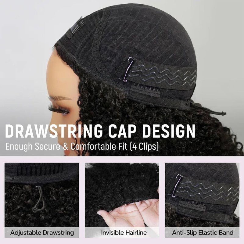 mscoco Half Wig Human Hair Burmese Curly 3 In 1 Drawstring Seamless Flip Over Half Wig Wear and Go Glueless Wigs Human Hair for Black Women Beginner Friendly 16inch