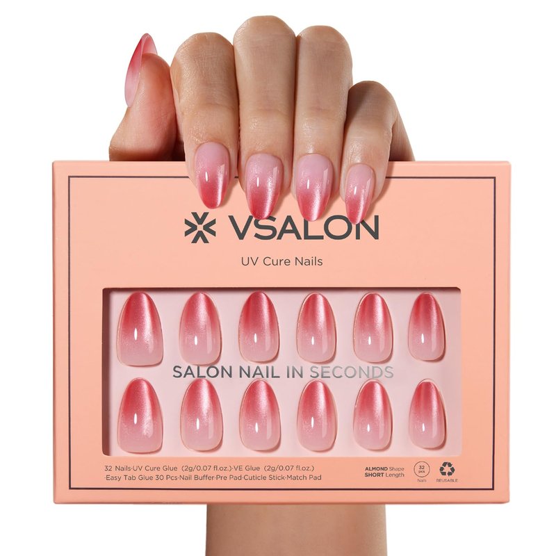 Press On Nails Short Almond | Pink Cat Eye Ombre Fake Nails Kit - 32 Pcs, UV Curable & Reusable