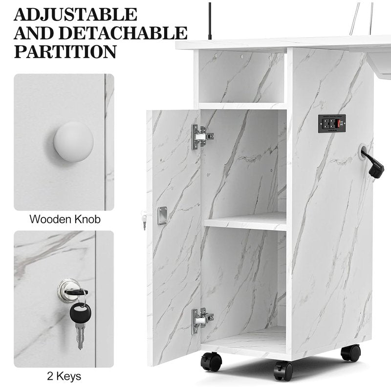 Manicure Table Nail Station - Marbling Texture with Charging Station, Dust Collector, LED Lamp | White