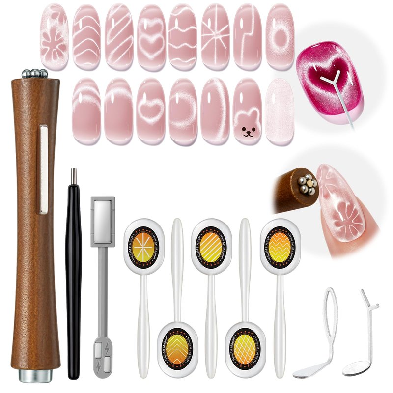 modelones Cat Eye Magnet, 10PCS Cateye Magnet for Nails Cat Eye Gel Nail Polish Tools Heart Hole Square Powerful 3-in-1 Dual Head Magnetic Wand Heart French Floral Effect Salon DIY Use Gift