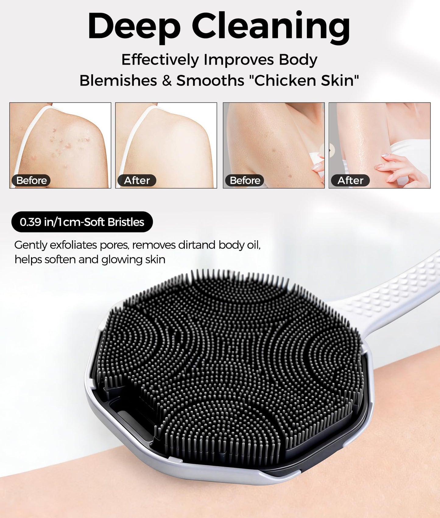 EaTubano Back Scrubber for Shower, 2 Pack Silicone Body Scrubber with Long Handle, Soft Bristles Gentle Exfoliating Bath Brush for Deep Cleansing, Black + Pink
