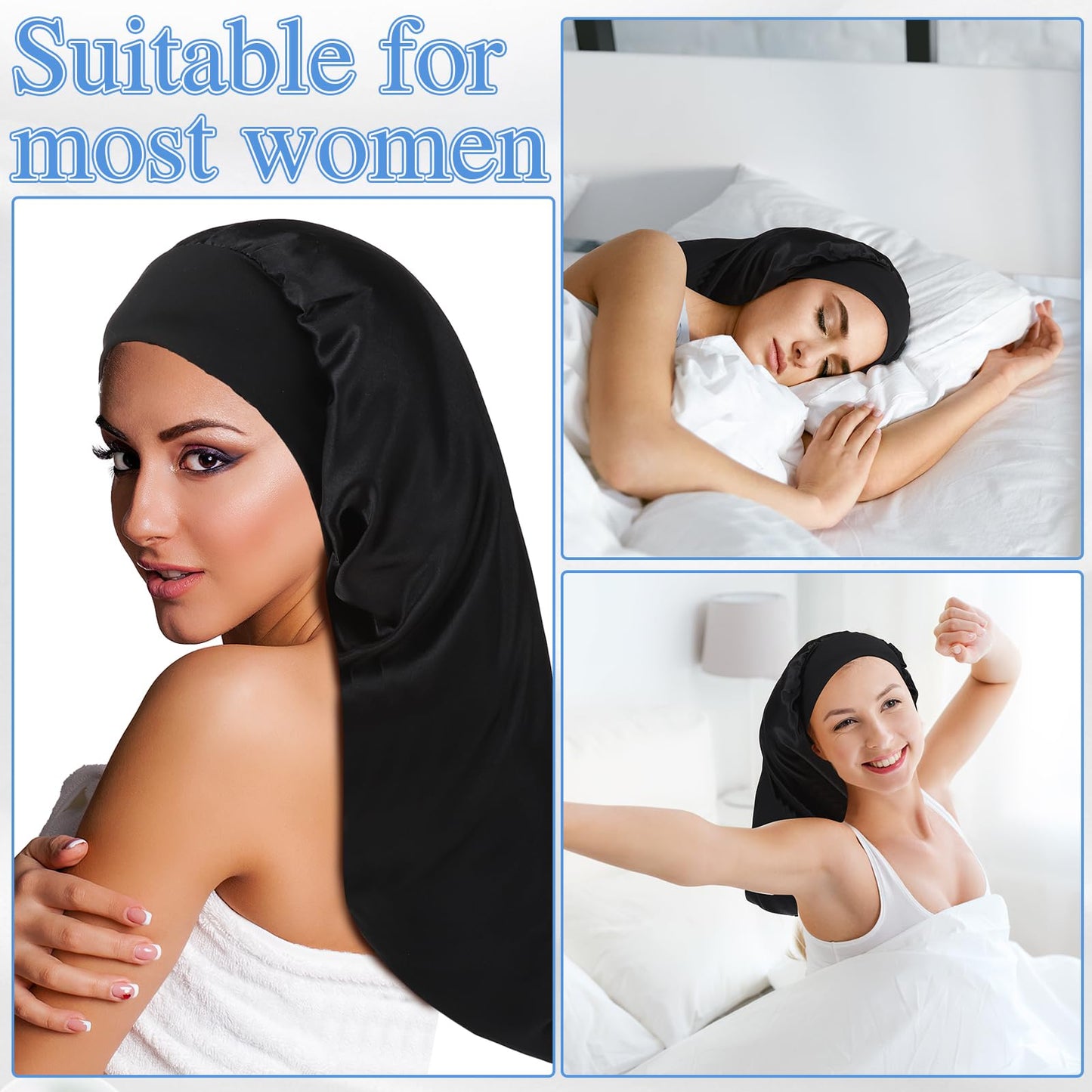 ZhouBoat Black Long Hair Bonnet with 3pcs Crochet Hair Nets Set Extra Long Wrap Cap Reusable Elastic Shower Cap for Braids Curly